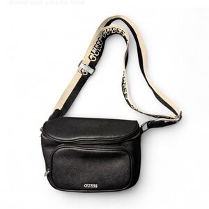 Guess Black Leather Fanny Pack Bag with Canvas Strap